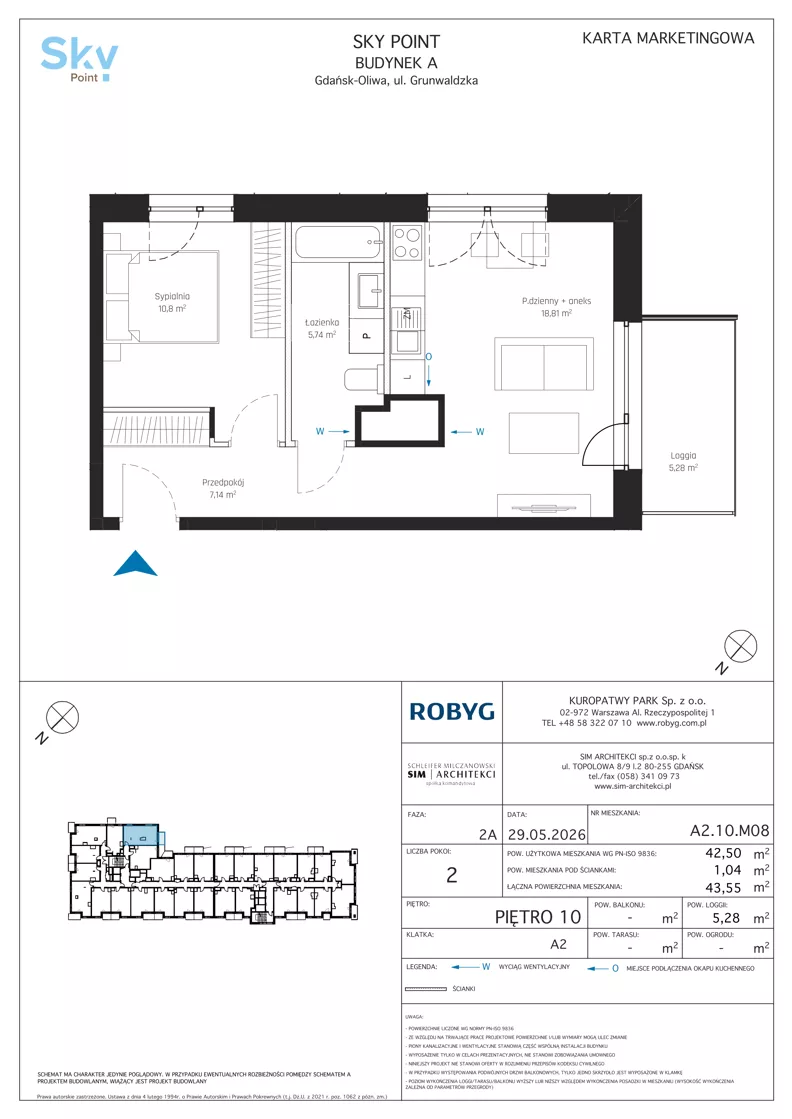2 pokoje, apartament inwestycyjny 42,50 m², piętro 10, oferta nr A2.10M08, Sky Point - Apartamenty Inwestycyjne, Gdańsk, Oliwa, Zaspa-Rozstaje, al. Grunwaldzka
