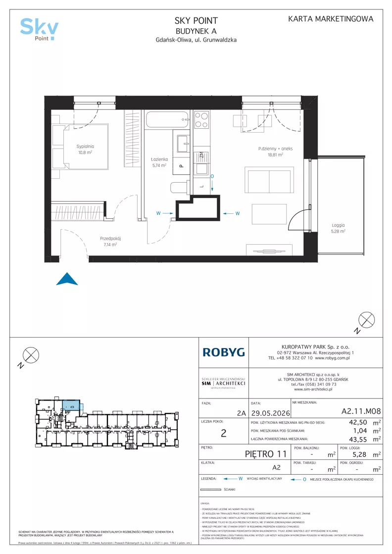 2 pokoje, apartament inwestycyjny 42,50 m², piętro 11, oferta nr A2.11M08, Sky Point - Apartamenty Inwestycyjne, Gdańsk, Oliwa, Zaspa-Rozstaje, al. Grunwaldzka