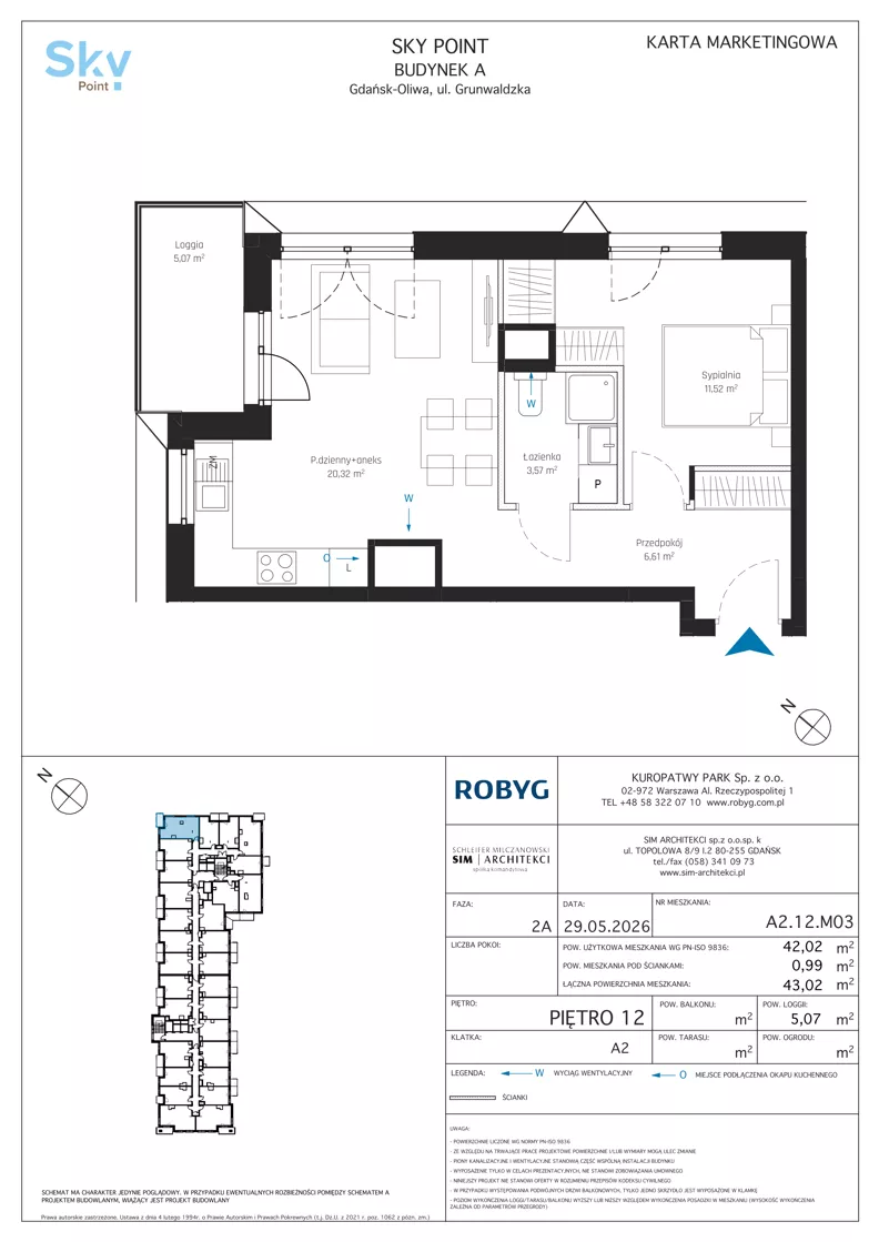 2 pokoje, apartament inwestycyjny 42,02 m², piętro 12, oferta nr A2.12M03, Sky Point - Apartamenty Inwestycyjne, Gdańsk, Oliwa, Zaspa-Rozstaje, al. Grunwaldzka