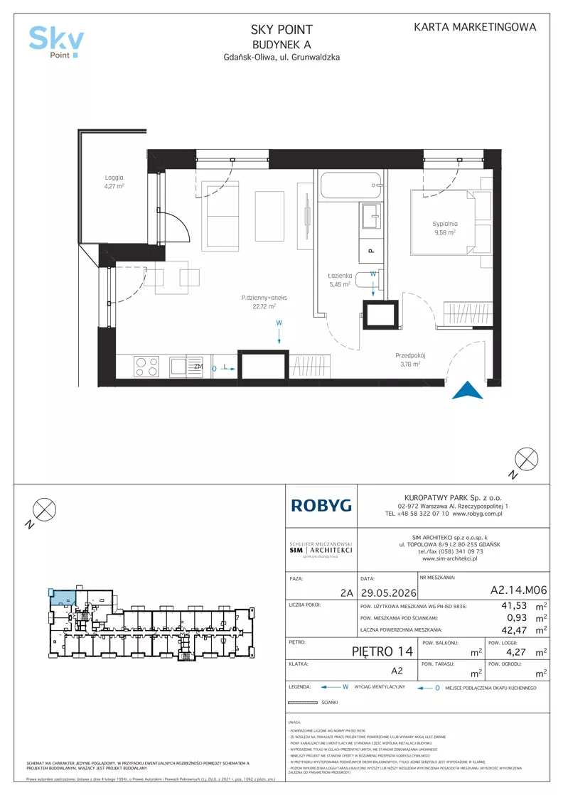 2 pokoje, apartament inwestycyjny 41,53 m², piętro 14, oferta nr A2.14M06, Sky Point - Apartamenty Inwestycyjne, Gdańsk, Oliwa, Zaspa-Rozstaje, al. Grunwaldzka