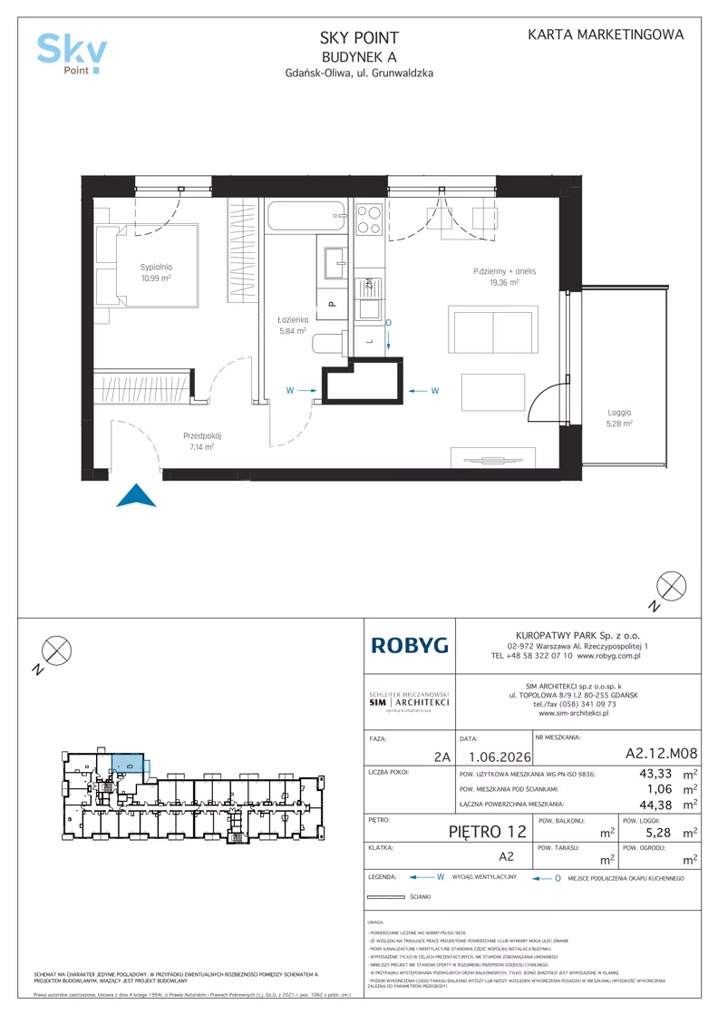 2 pokoje, apartament inwestycyjny 43,33 m², piętro 12, oferta nr A2.12M08, Sky Point - Apartamenty Inwestycyjne, Gdańsk, Oliwa, Zaspa-Rozstaje, al. Grunwaldzka