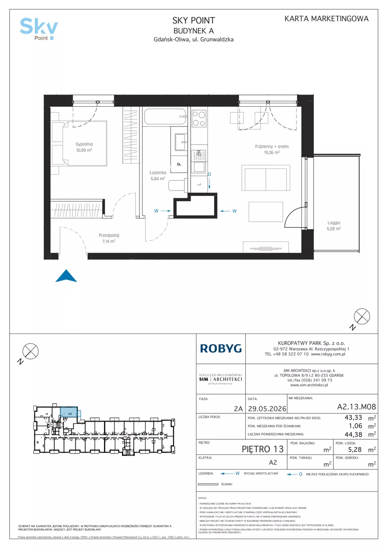 2 pokoje, apartament inwestycyjny 43,33 m², piętro 13, oferta nr A2.13M08, Sky Point - Apartamenty Inwestycyjne, Gdańsk, Oliwa, Zaspa-Rozstaje, al. Grunwaldzka