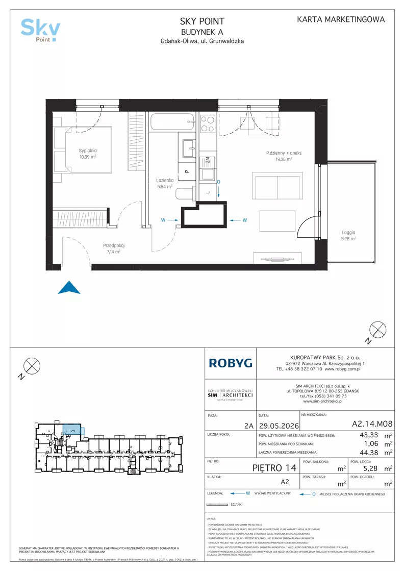 2 pokoje, apartament inwestycyjny 43,33 m², piętro 14, oferta nr A2.14M08, Sky Point - Apartamenty Inwestycyjne, Gdańsk, Oliwa, Zaspa-Rozstaje, al. Grunwaldzka