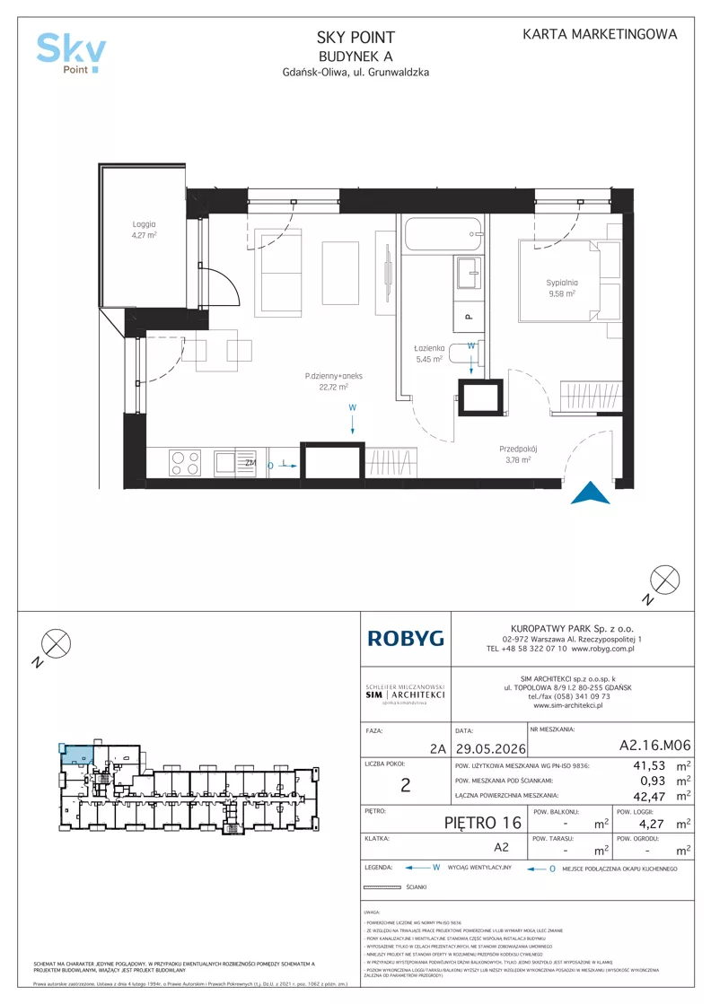 2 pokoje, apartament inwestycyjny 41,53 m², piętro 16, oferta nr A2.16M06, Sky Point - Apartamenty Inwestycyjne, Gdańsk, Oliwa, Zaspa-Rozstaje, al. Grunwaldzka