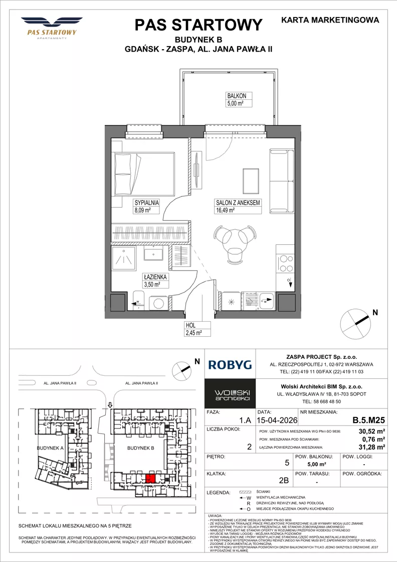 2 pokoje, mieszkanie 30,52 m², piętro 5, oferta nr B.5M25, Pas Startowy, Gdańsk, Zaspa, Zaspa-Młyniec, al. Jana Pawła II
