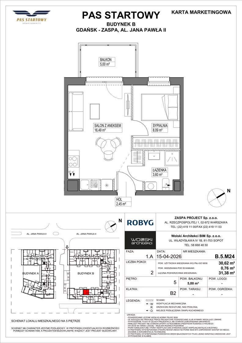 2 pokoje, mieszkanie 30,62 m², piętro 5, oferta nr B.5M24, Pas Startowy, Gdańsk, Zaspa, Zaspa-Młyniec, al. Jana Pawła II