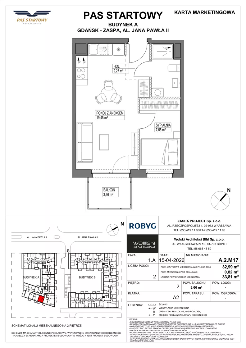 2 pokoje, mieszkanie 32,99 m², piętro 2, oferta nr A.2M17, Pas Startowy, Gdańsk, Zaspa, Zaspa-Młyniec, al. Jana Pawła II