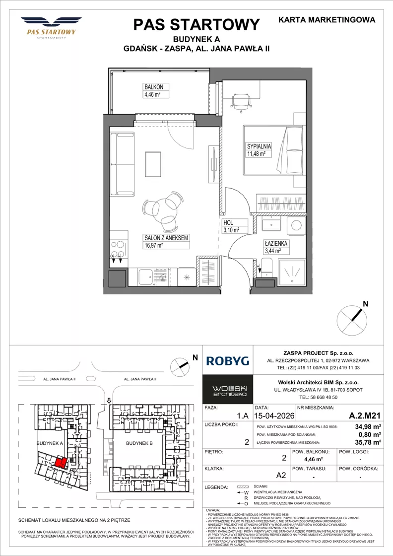 2 pokoje, mieszkanie 34,98 m², piętro 2, oferta nr A.2M21, Pas Startowy, Gdańsk, Zaspa, Zaspa-Młyniec, al. Jana Pawła II