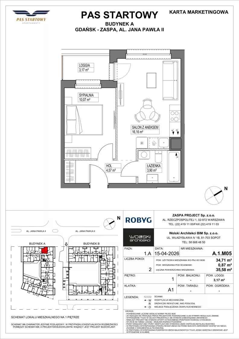 2 pokoje, mieszkanie 34,71 m², piętro 1, oferta nr A.1M05, Pas Startowy, Gdańsk, Zaspa, Zaspa-Młyniec, al. Jana Pawła II