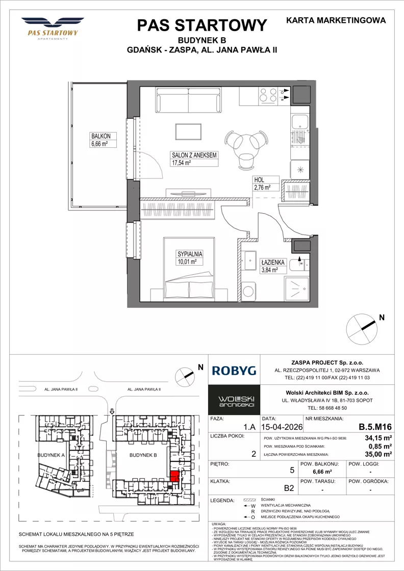 2 pokoje, mieszkanie 34,15 m², piętro 5, oferta nr B.5M16, Pas Startowy, Gdańsk, Zaspa, Zaspa-Młyniec, al. Jana Pawła II