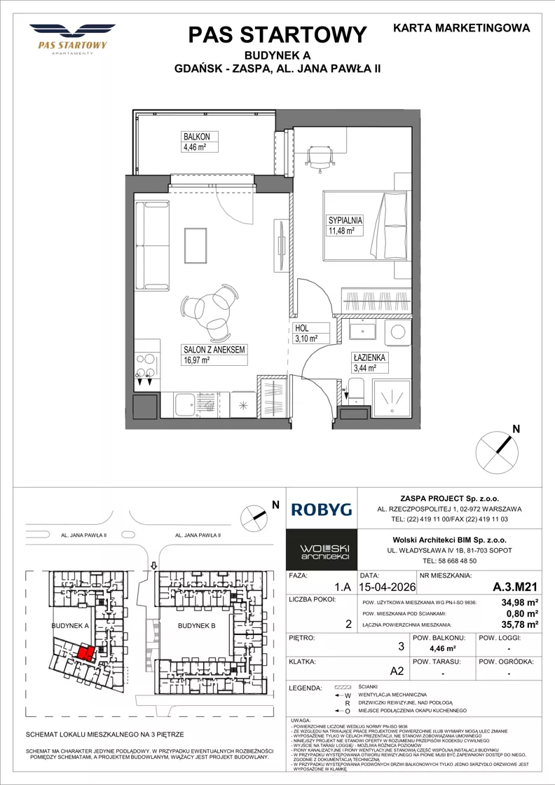 2 pokoje, mieszkanie 34,98 m², piętro 3, oferta nr A.3M21, Pas Startowy, Gdańsk, Zaspa, Zaspa-Młyniec, al. Jana Pawła II