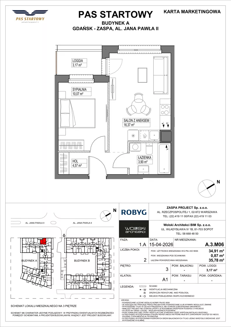 2 pokoje, mieszkanie 34,91 m², piętro 3, oferta nr A.3M06, Pas Startowy, Gdańsk, Zaspa, Zaspa-Młyniec, al. Jana Pawła II