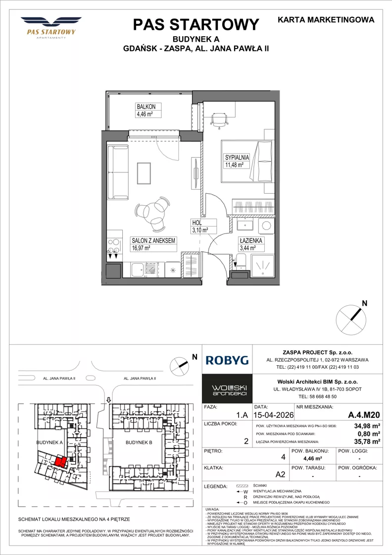 2 pokoje, mieszkanie 34,98 m², piętro 4, oferta nr A.4M20, Pas Startowy, Gdańsk, Zaspa, Zaspa-Młyniec, al. Jana Pawła II