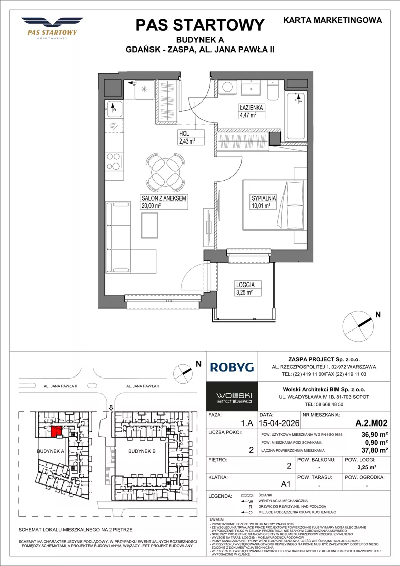 2 pokoje, mieszkanie 36,90 m², piętro 2, oferta nr A.2M02, Pas Startowy, Gdańsk, Zaspa, Zaspa-Młyniec, al. Jana Pawła II