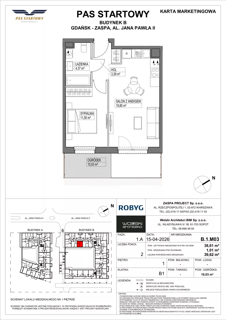 2 pokoje, mieszkanie 38,61 m², piętro 1, oferta nr B.1M03, Pas Startowy, Gdańsk, Zaspa, Zaspa-Młyniec, al. Jana Pawła II