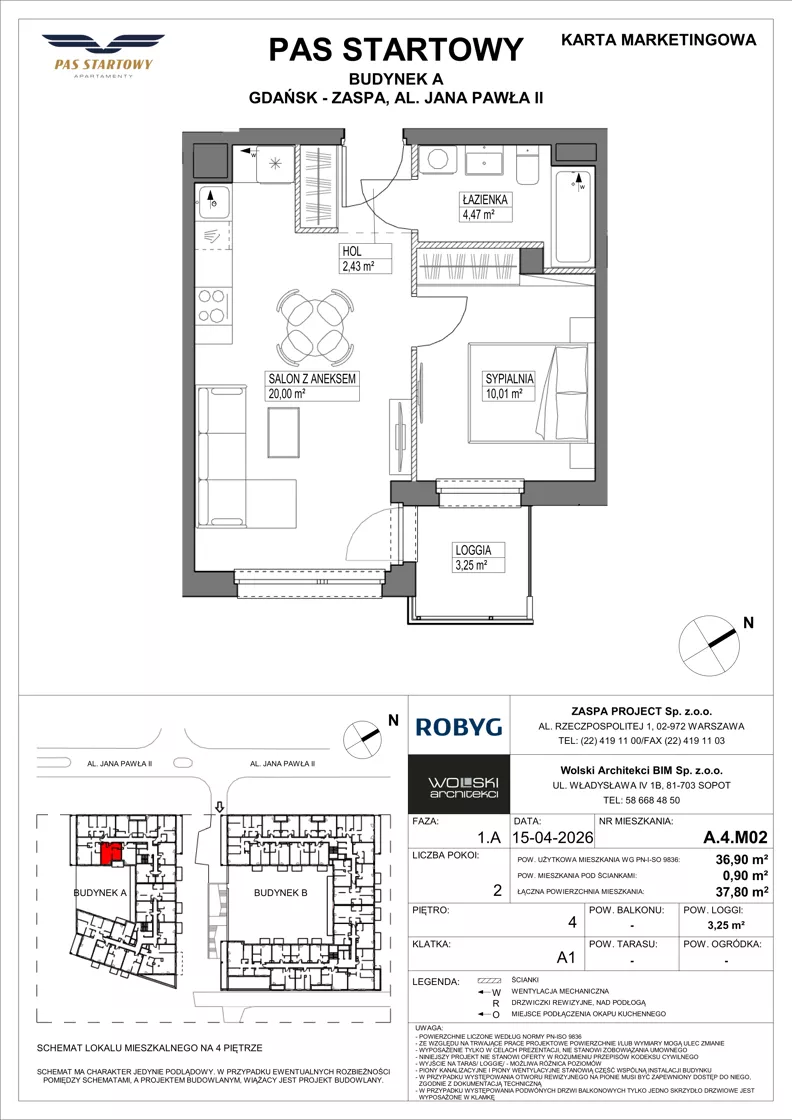 2 pokoje, mieszkanie 36,90 m², piętro 4, oferta nr A.4M02, Pas Startowy, Gdańsk, Zaspa, Zaspa-Młyniec, al. Jana Pawła II