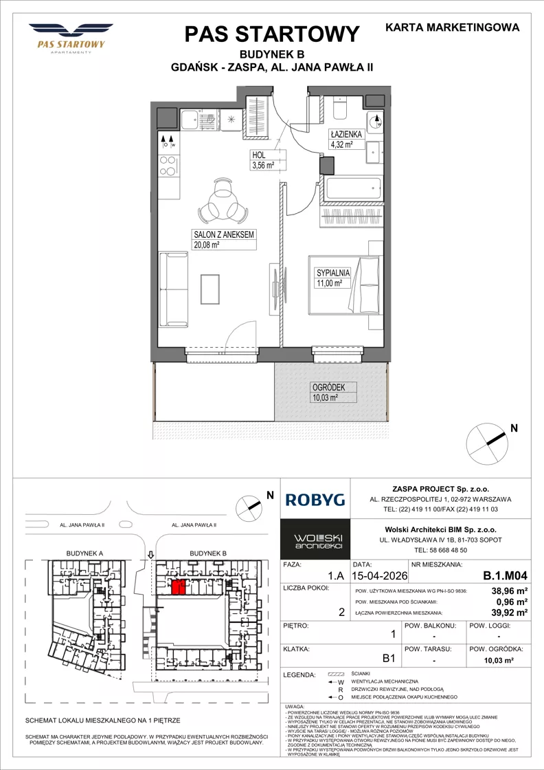 2 pokoje, mieszkanie 38,96 m², piętro 1, oferta nr B.1M04, Pas Startowy, Gdańsk, Zaspa, Zaspa-Młyniec, al. Jana Pawła II