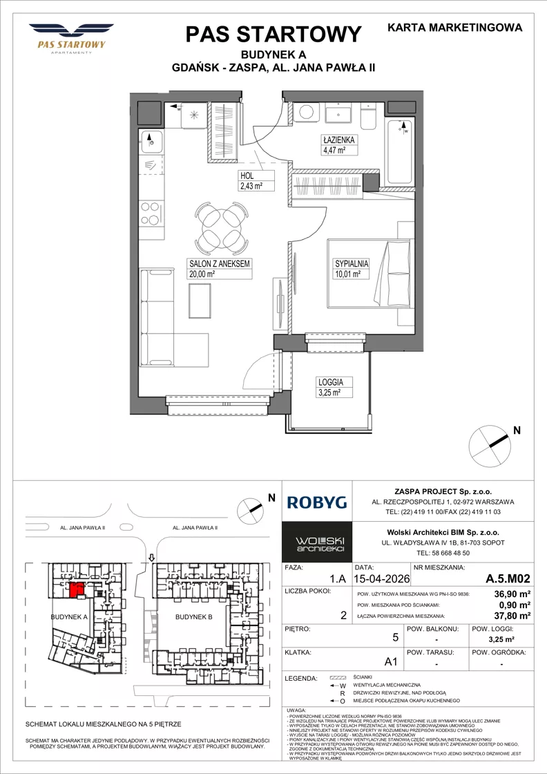 2 pokoje, mieszkanie 36,90 m², piętro 5, oferta nr A.5M02, Pas Startowy, Gdańsk, Zaspa, Zaspa-Młyniec, al. Jana Pawła II