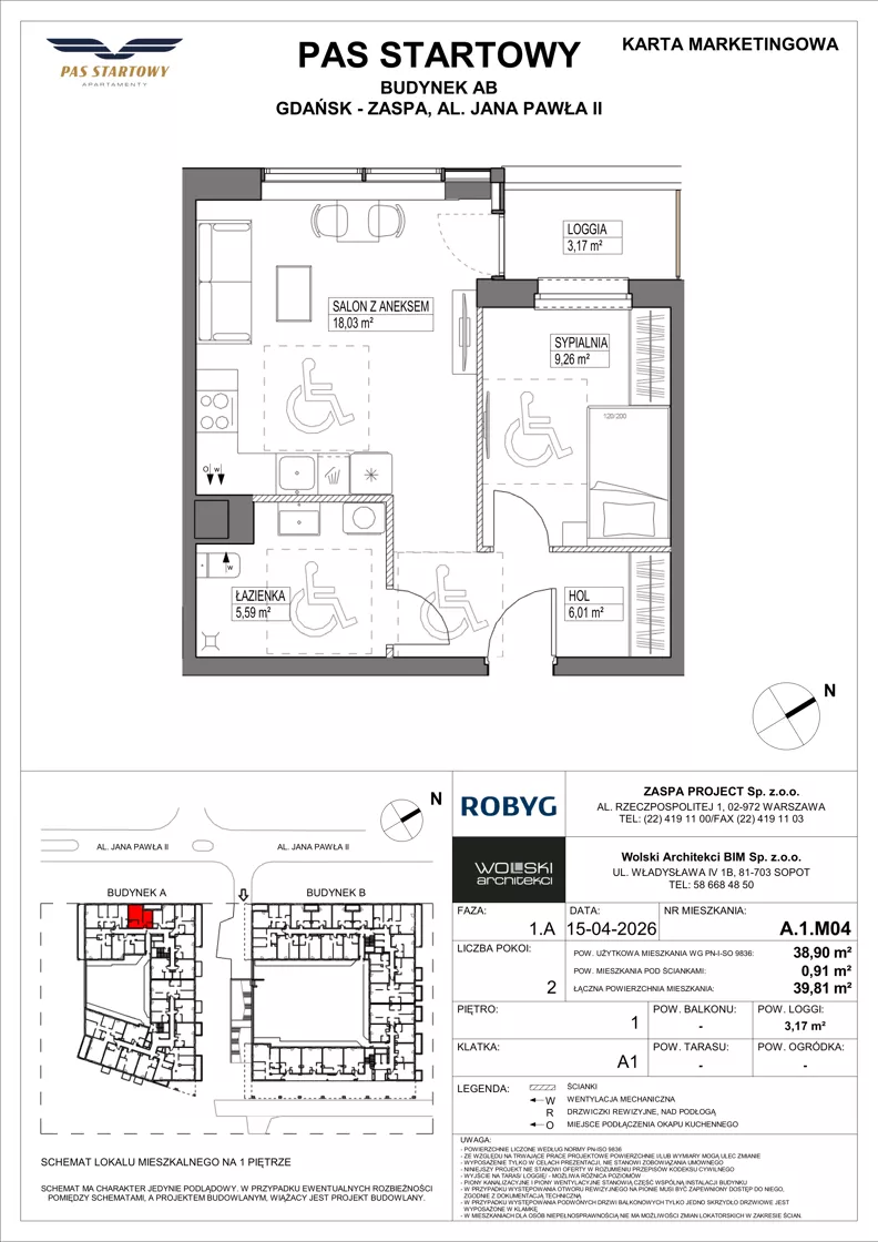 2 pokoje, mieszkanie 38,90 m², piętro 1, oferta nr A.1M04, Pas Startowy, Gdańsk, Zaspa, Zaspa-Młyniec, al. Jana Pawła II