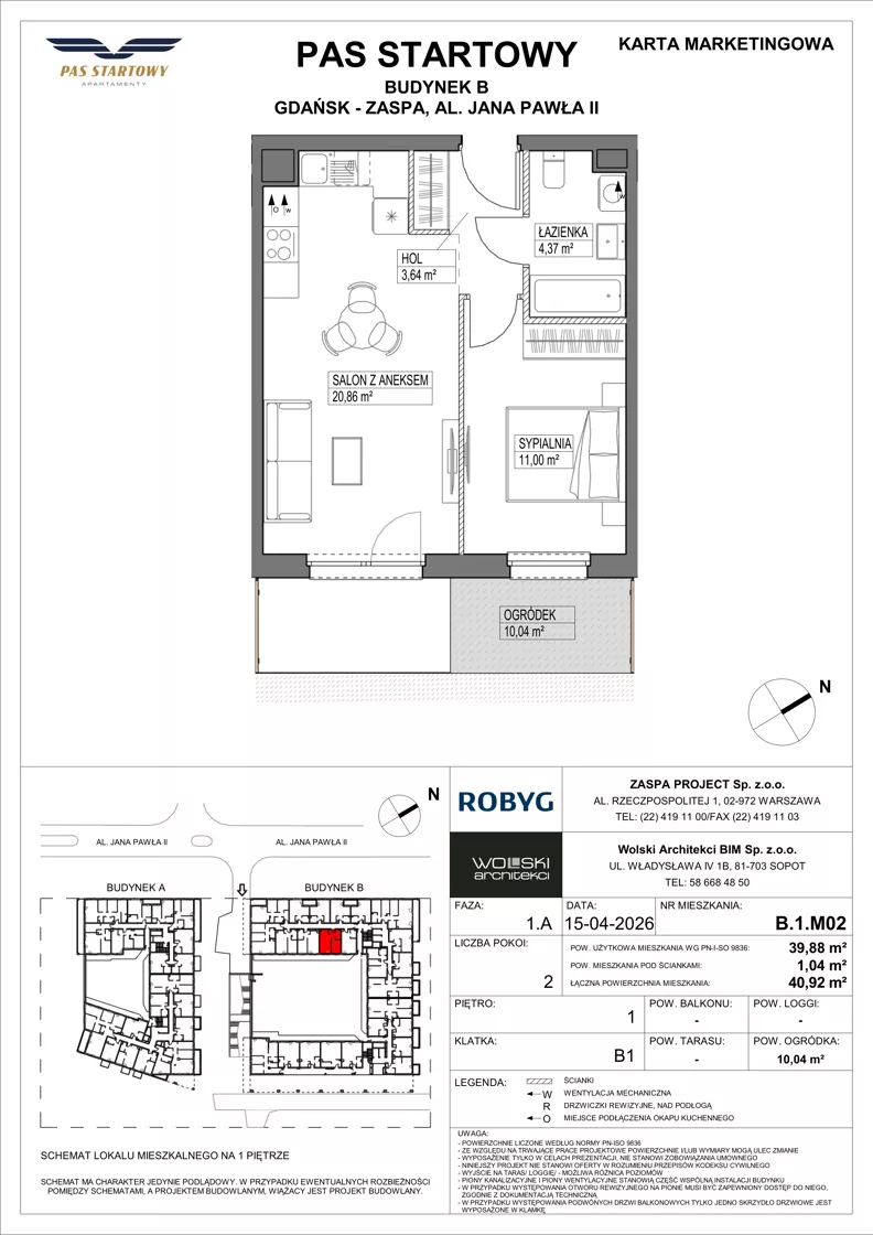 2 pokoje, mieszkanie 39,88 m², piętro 1, oferta nr B.1M02, Pas Startowy, Gdańsk, Zaspa, Zaspa-Młyniec, al. Jana Pawła II