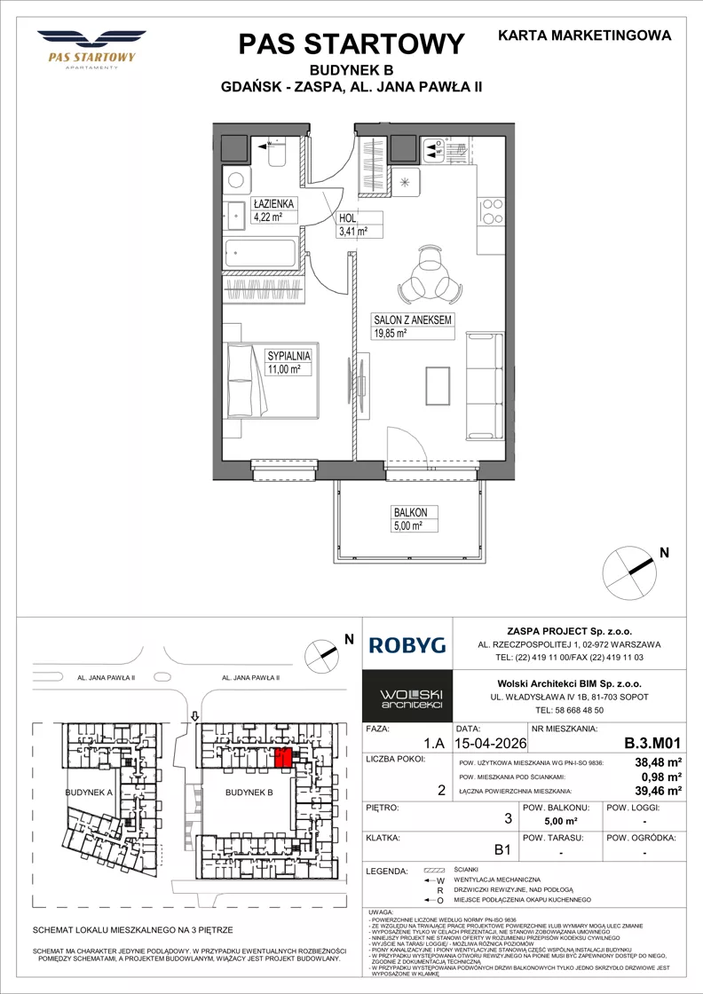 2 pokoje, mieszkanie 38,48 m², piętro 3, oferta nr B.3M01, Pas Startowy, Gdańsk, Zaspa, Zaspa-Młyniec, al. Jana Pawła II
