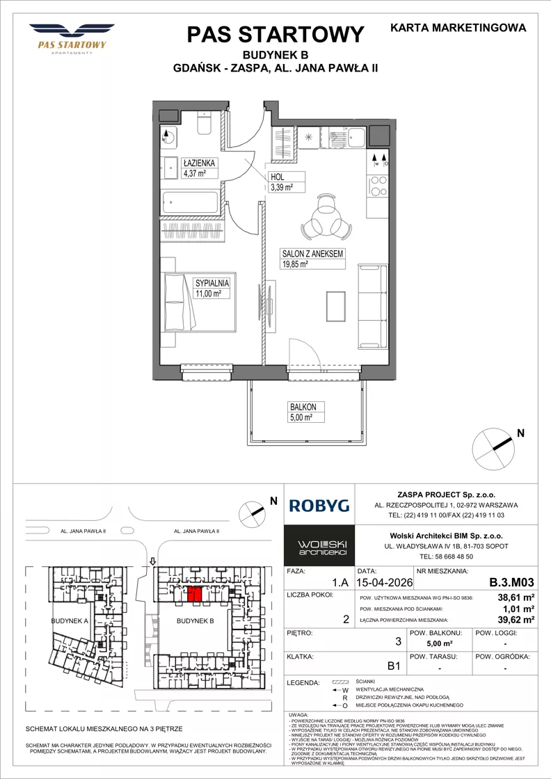 2 pokoje, mieszkanie 38,61 m², piętro 3, oferta nr B.3M03, Pas Startowy, Gdańsk, Zaspa, Zaspa-Młyniec, al. Jana Pawła II
