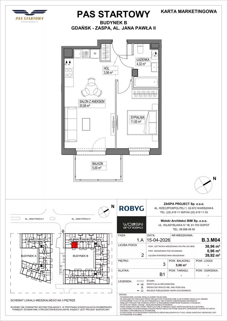 2 pokoje, mieszkanie 38,96 m², piętro 3, oferta nr B.3M04, Pas Startowy, Gdańsk, Zaspa, Zaspa-Młyniec, al. Jana Pawła II