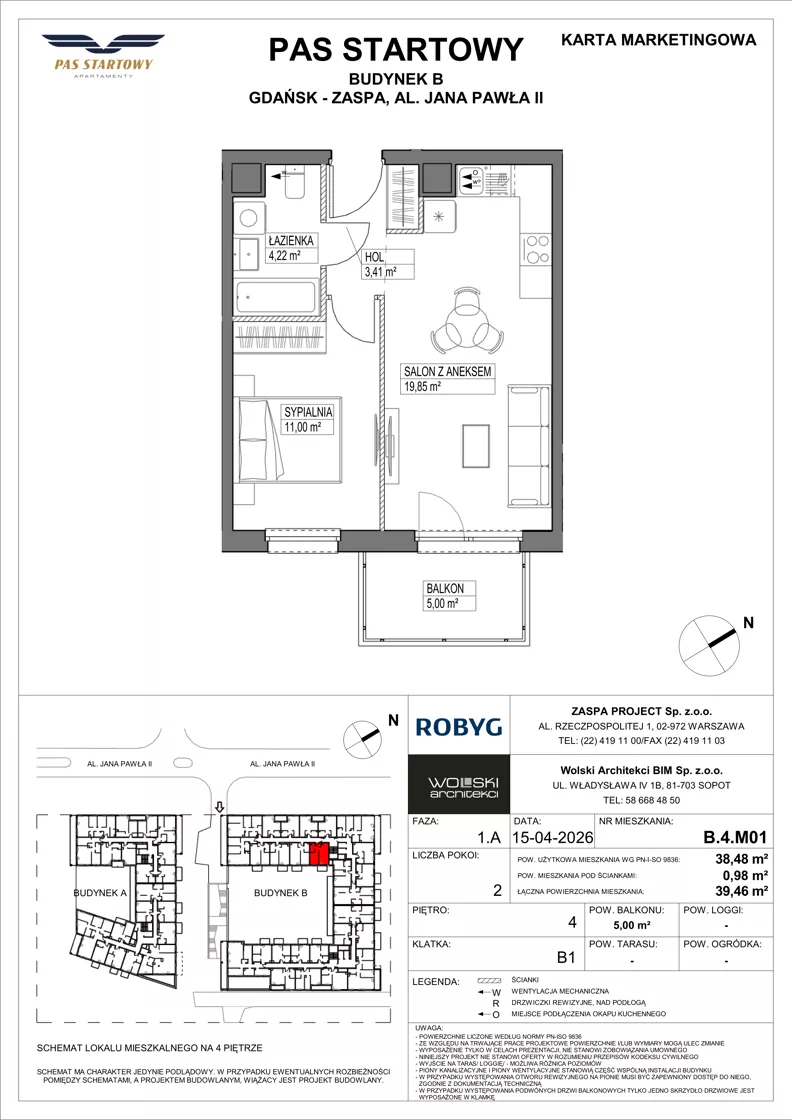 2 pokoje, mieszkanie 38,48 m², piętro 4, oferta nr B.4M01, Pas Startowy, Gdańsk, Zaspa, Zaspa-Młyniec, al. Jana Pawła II