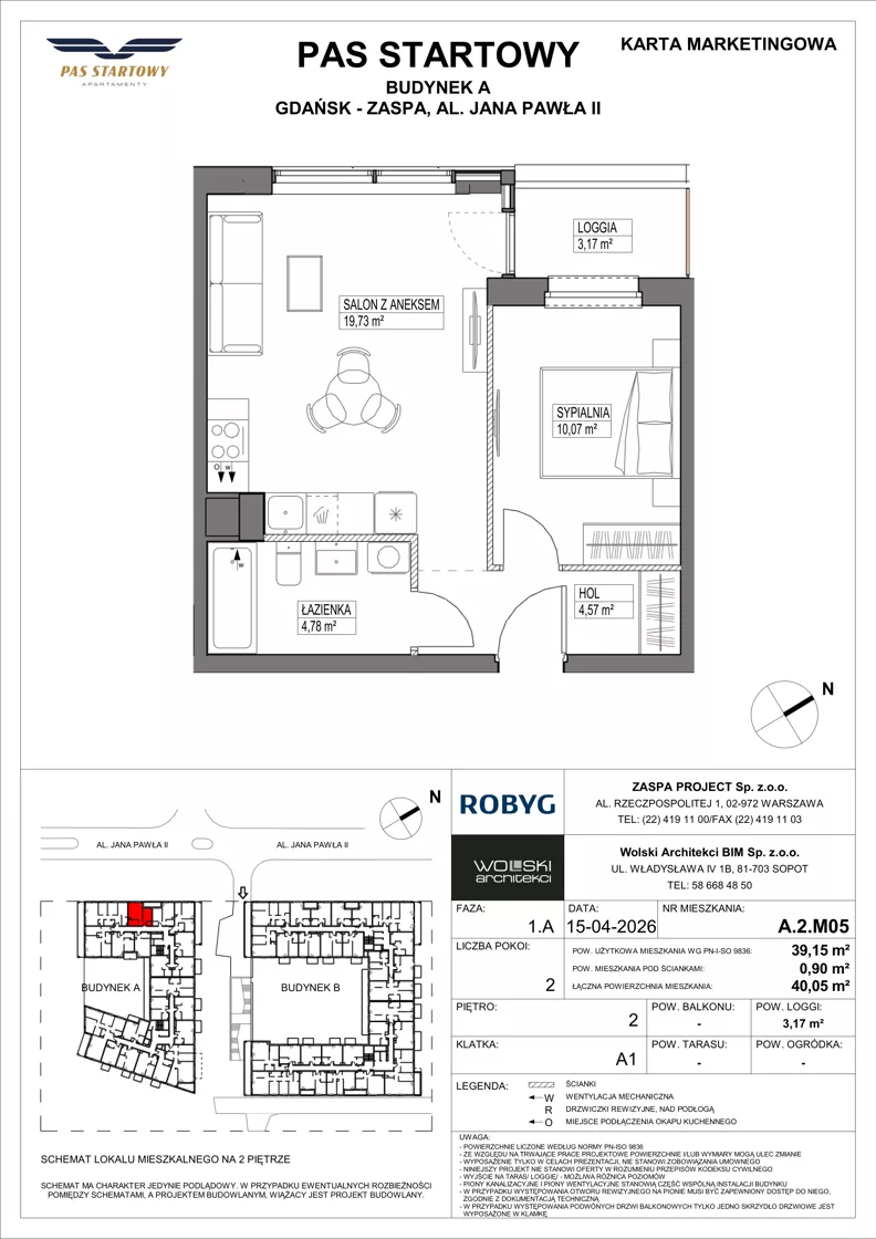 2 pokoje, mieszkanie 39,15 m², piętro 2, oferta nr A.2M05, Pas Startowy, Gdańsk, Zaspa, Zaspa-Młyniec, al. Jana Pawła II