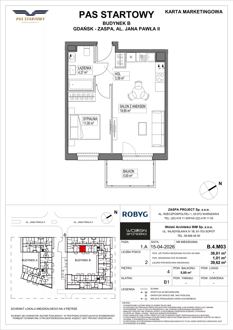 2 pokoje, mieszkanie 38,61 m², piętro 4, oferta nr B.4M03, Pas Startowy, Gdańsk, Zaspa, Zaspa-Młyniec, al. Jana Pawła II