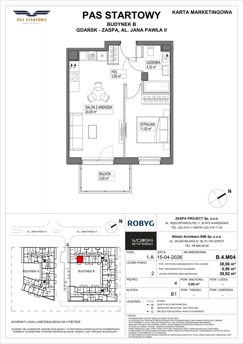 2 pokoje, mieszkanie 38,96 m², piętro 4, oferta nr B.4M04, Pas Startowy, Gdańsk, Zaspa, Zaspa-Młyniec, al. Jana Pawła II