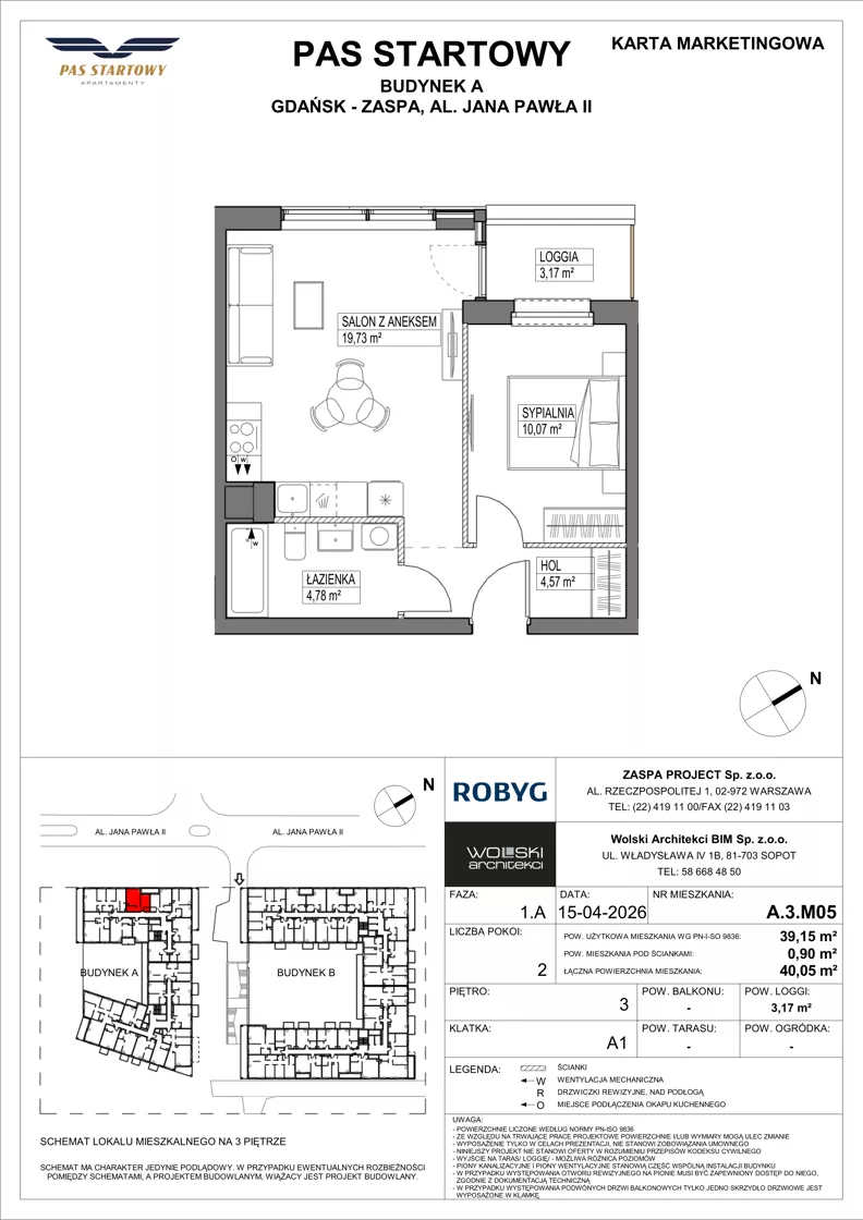 2 pokoje, mieszkanie 39,15 m², piętro 3, oferta nr A.3M05, Pas Startowy, Gdańsk, Zaspa, Zaspa-Młyniec, al. Jana Pawła II