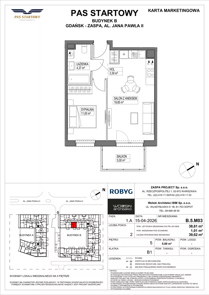2 pokoje, mieszkanie 38,61 m², piętro 5, oferta nr B.5M03, Pas Startowy, Gdańsk, Zaspa, Zaspa-Młyniec, al. Jana Pawła II