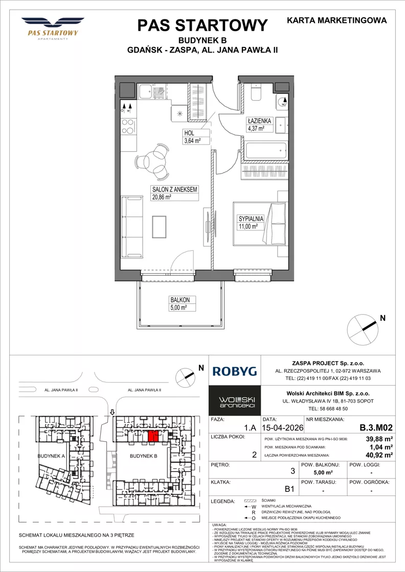 2 pokoje, mieszkanie 39,88 m², piętro 3, oferta nr B.3M02, Pas Startowy, Gdańsk, Zaspa, Zaspa-Młyniec, al. Jana Pawła II