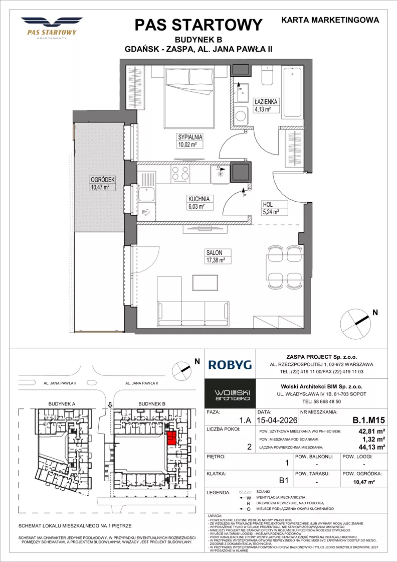 2 pokoje, mieszkanie 42,81 m², piętro 1, oferta nr B.1M15, Pas Startowy, Gdańsk, Zaspa, Zaspa-Młyniec, al. Jana Pawła II