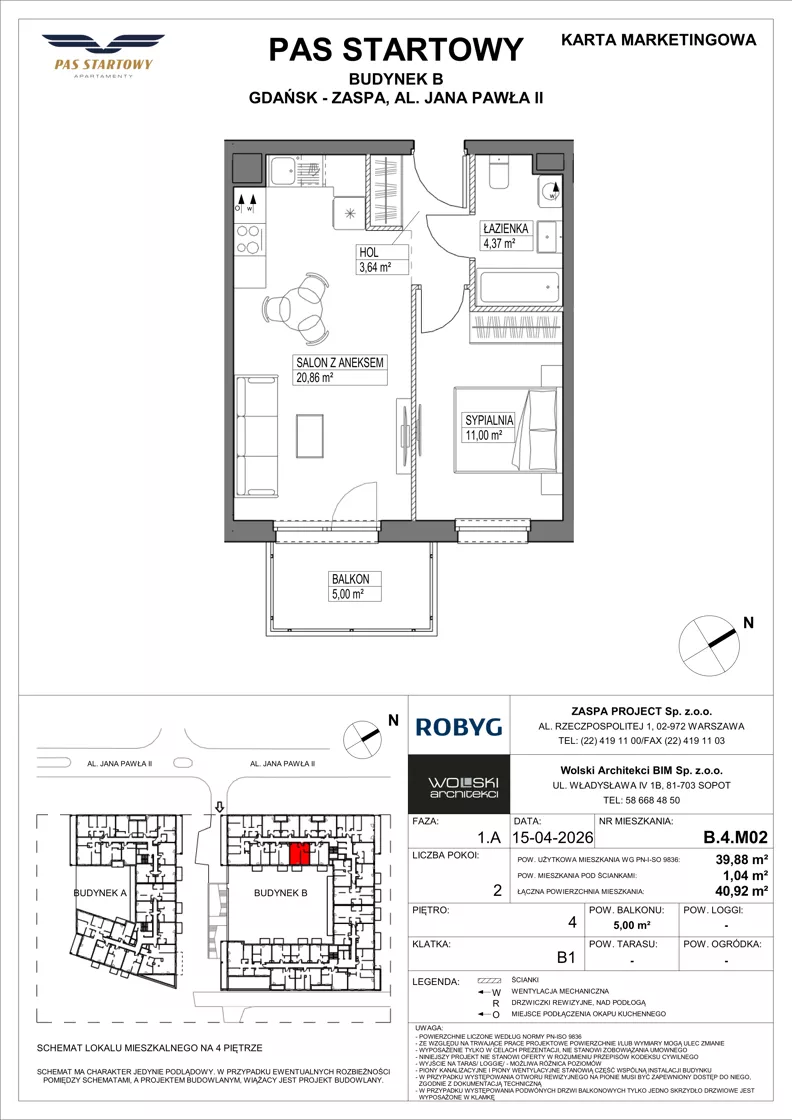 2 pokoje, mieszkanie 39,88 m², piętro 4, oferta nr B.4M02, Pas Startowy, Gdańsk, Zaspa, Zaspa-Młyniec, al. Jana Pawła II