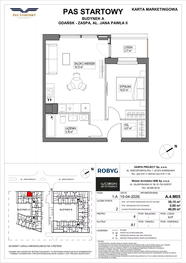 2 pokoje, mieszkanie 39,15 m², piętro 4, oferta nr A.4M05, Pas Startowy, Gdańsk, Zaspa, Zaspa-Młyniec, al. Jana Pawła II