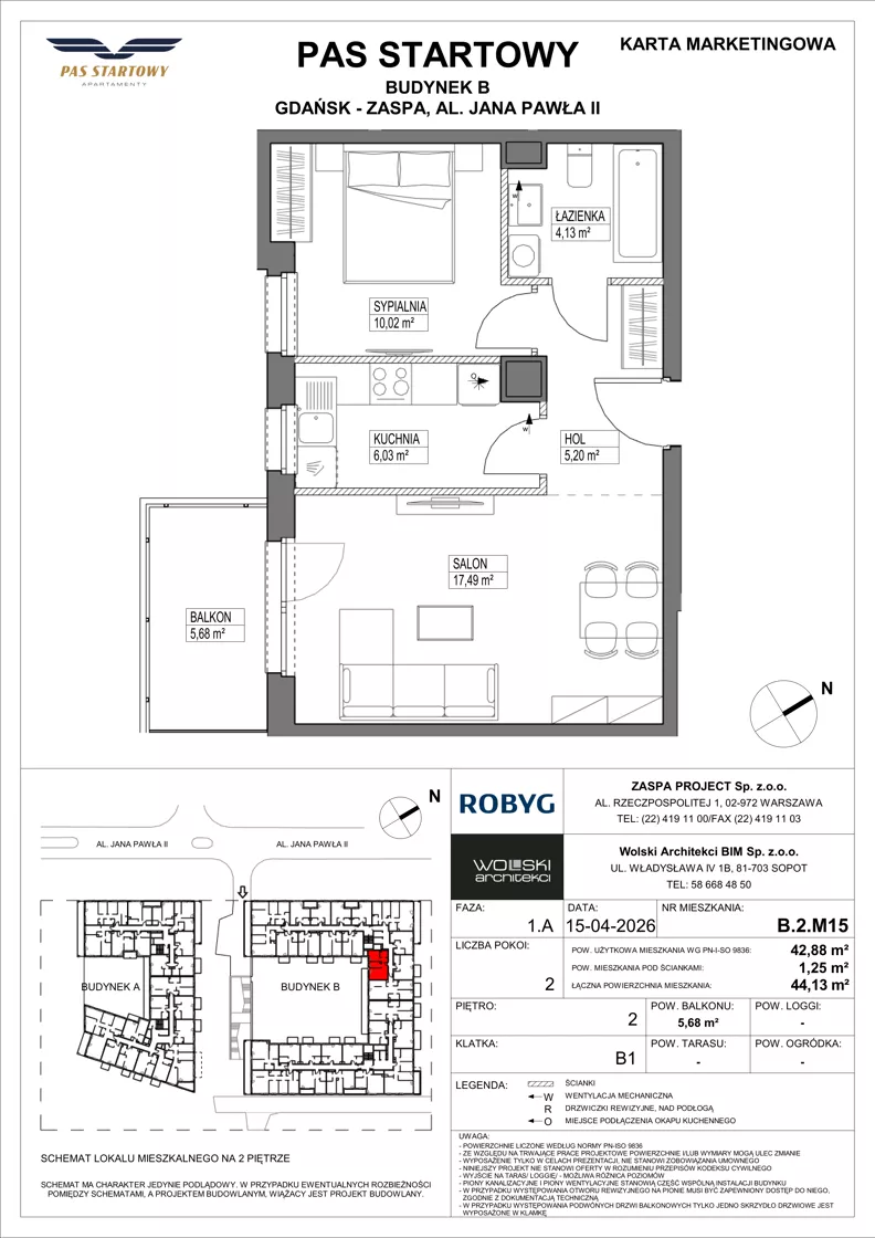 2 pokoje, mieszkanie 42,88 m², piętro 2, oferta nr B.2M15, Pas Startowy, Gdańsk, Zaspa, Zaspa-Młyniec, al. Jana Pawła II