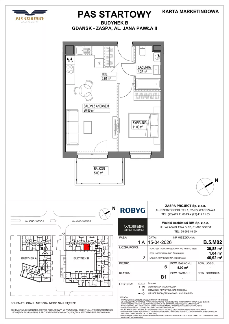 2 pokoje, mieszkanie 39,88 m², piętro 5, oferta nr B.5M02, Pas Startowy, Gdańsk, Zaspa, Zaspa-Młyniec, al. Jana Pawła II