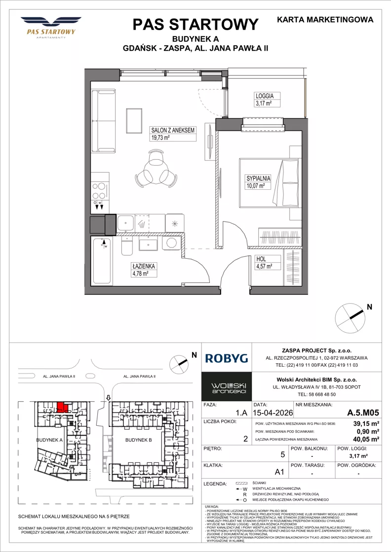 2 pokoje, mieszkanie 39,15 m², piętro 5, oferta nr A.5M05, Pas Startowy, Gdańsk, Zaspa, Zaspa-Młyniec, al. Jana Pawła II