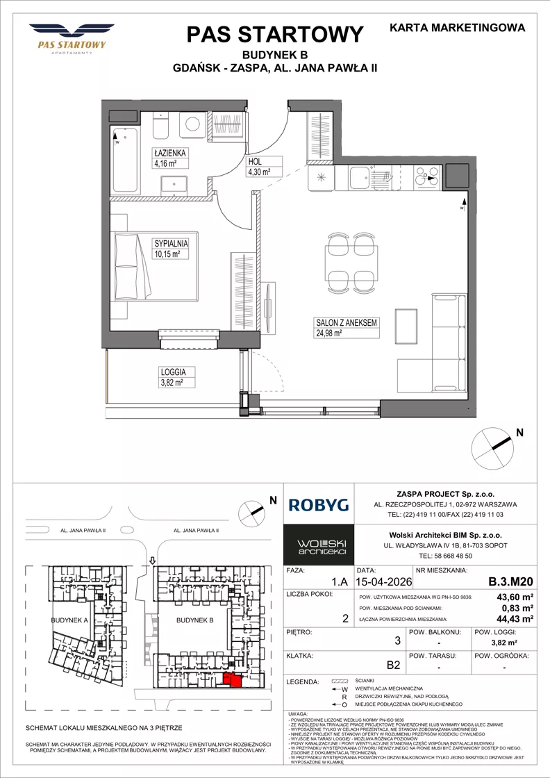 2 pokoje, mieszkanie 43,60 m², piętro 3, oferta nr B.3M20, Pas Startowy, Gdańsk, Zaspa, Zaspa-Młyniec, al. Jana Pawła II
