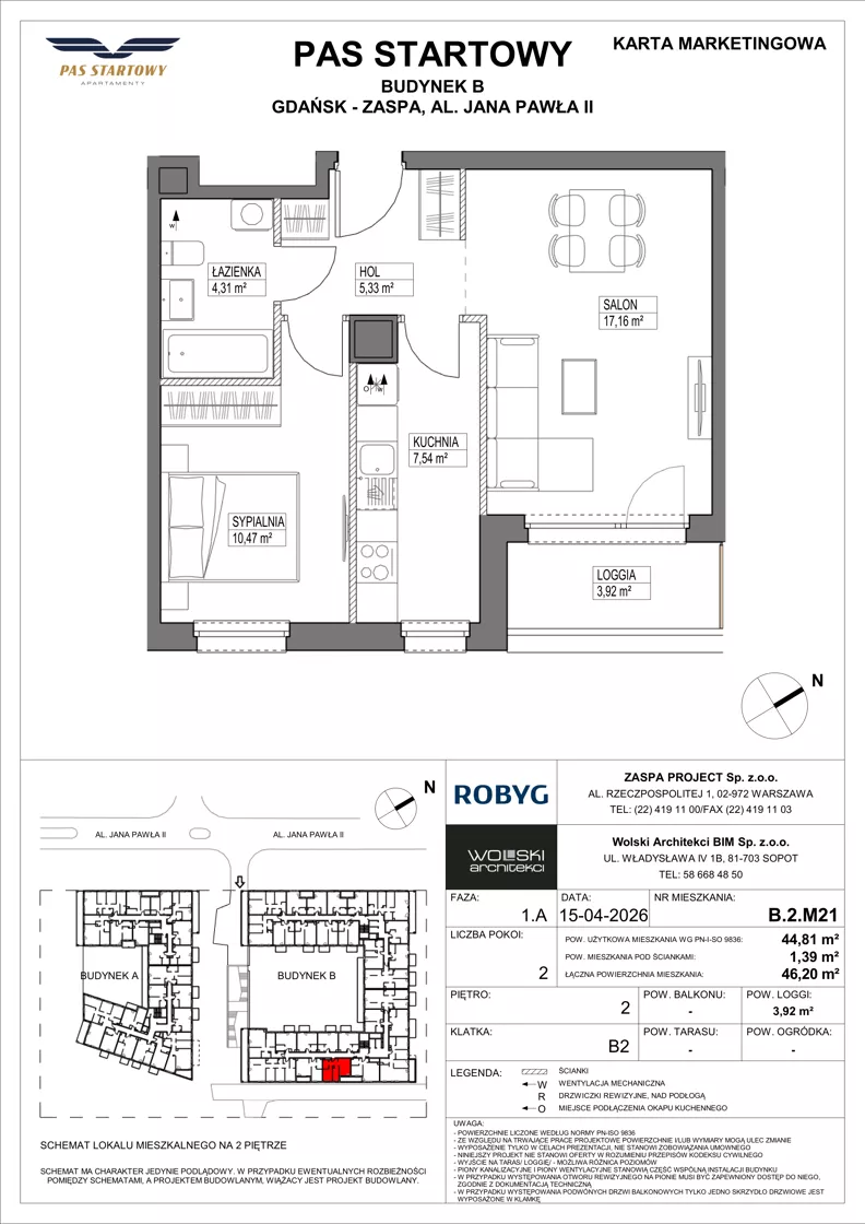 2 pokoje, mieszkanie 44,81 m², piętro 2, oferta nr B.2M21, Pas Startowy, Gdańsk, Zaspa, Zaspa-Młyniec, al. Jana Pawła II