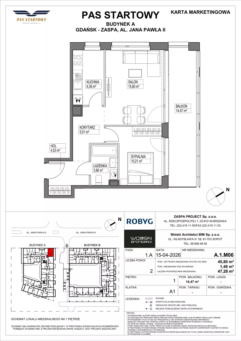 2 pokoje, mieszkanie 45,80 m², piętro 1, oferta nr A.1M06, Pas Startowy, Gdańsk, Zaspa, Zaspa-Młyniec, al. Jana Pawła II