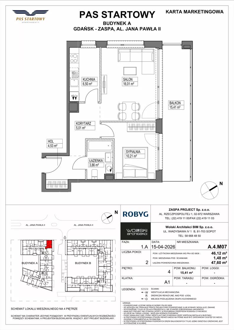 2 pokoje, mieszkanie 46,12 m², piętro 4, oferta nr A.4M07, Pas Startowy, Gdańsk, Zaspa, Zaspa-Młyniec, al. Jana Pawła II