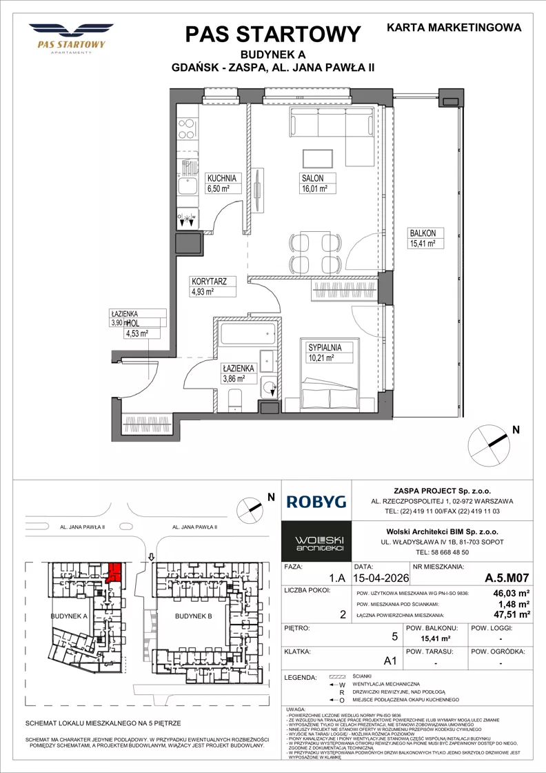 2 pokoje, mieszkanie 46,03 m², piętro 5, oferta nr A.5M07, Pas Startowy, Gdańsk, Zaspa, Zaspa-Młyniec, al. Jana Pawła II