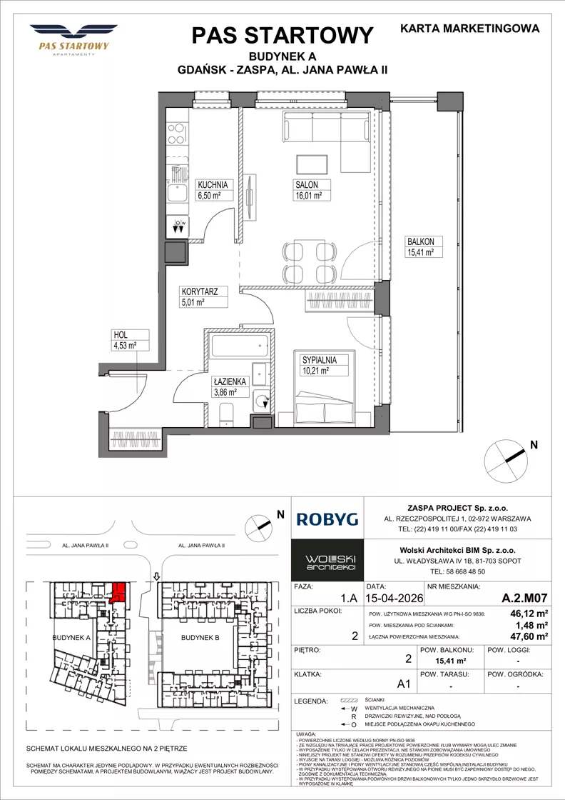 2 pokoje, mieszkanie 46,12 m², piętro 2, oferta nr A.2M07, Pas Startowy, Gdańsk, Zaspa, Zaspa-Młyniec, al. Jana Pawła II