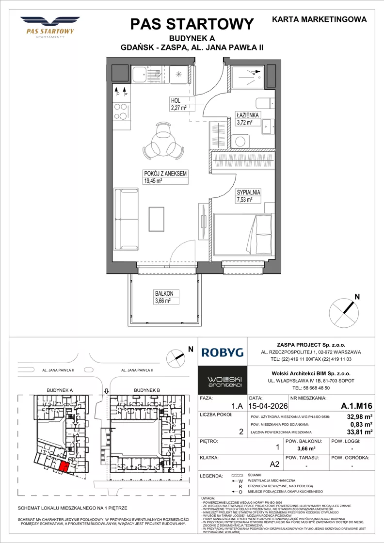 2 pokoje, mieszkanie 32,98 m², piętro 1, oferta nr A.1M16, Pas Startowy, Gdańsk, Zaspa, Zaspa-Młyniec, al. Jana Pawła II