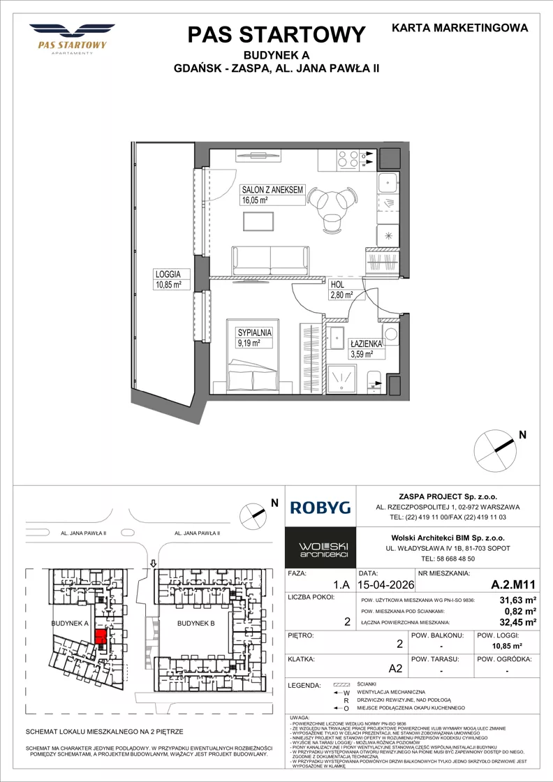 2 pokoje, mieszkanie 31,63 m², piętro 2, oferta nr A.2M11, Pas Startowy, Gdańsk, Zaspa, Zaspa-Młyniec, al. Jana Pawła II