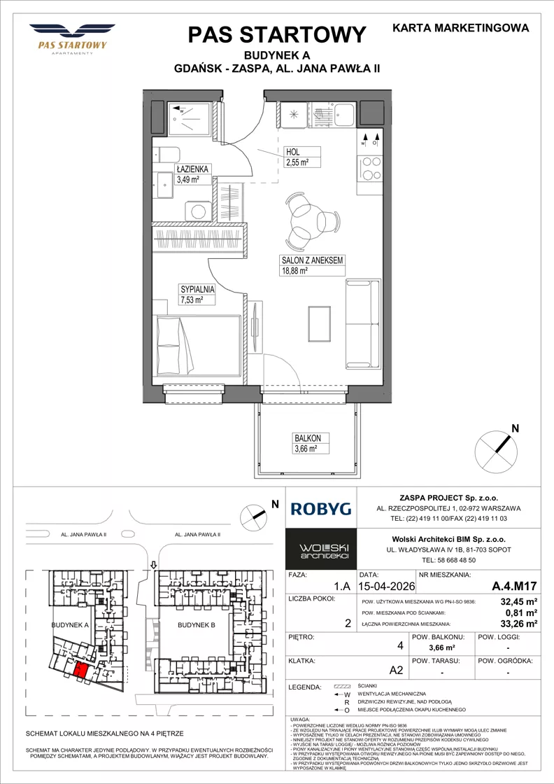 2 pokoje, mieszkanie 32,45 m², piętro 4, oferta nr A.4M17, Pas Startowy, Gdańsk, Zaspa, Zaspa-Młyniec, al. Jana Pawła II