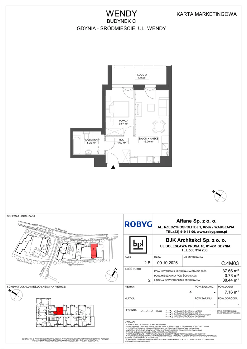 2 pokoje, mieszkanie 37,66 m², piętro 4, oferta nr C.4M03, WENDY - Budynek C, Gdynia, Śródmieście, Śródmieście, ul. Wendy 7-9
